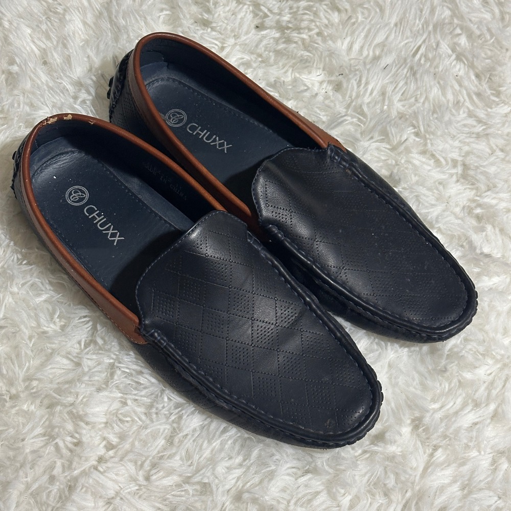 CHUXX Mens Black w. Navy Blue Stitching Leather Driving Moccasin Loafers Size 11